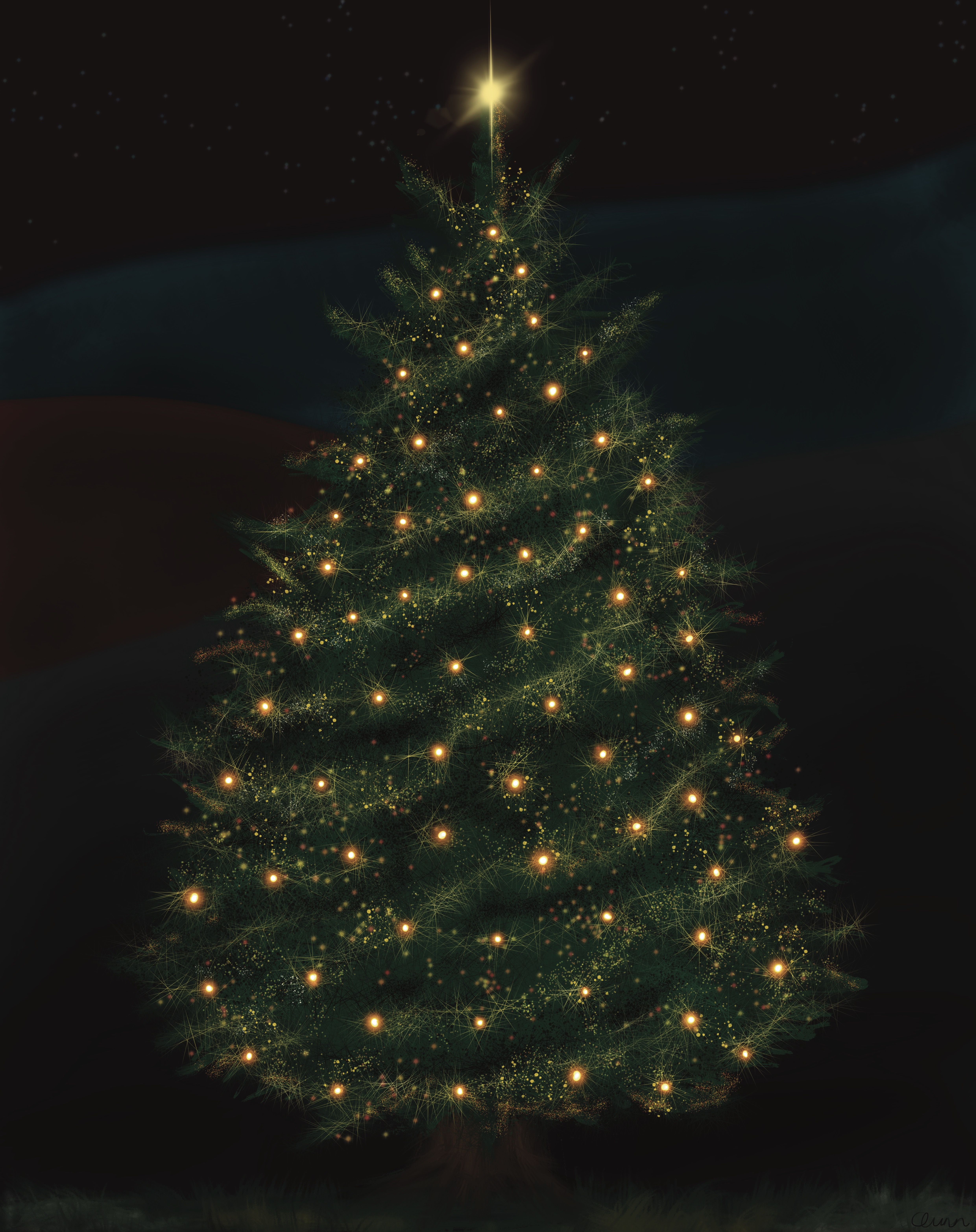 Christmas tree on dark background with golden lights and tinsel